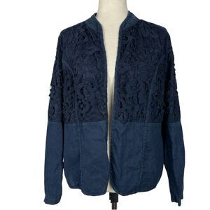 Chicos Linen Jacket Women Size 2 Large Navy Floral Lace Overlay Open Lightweight